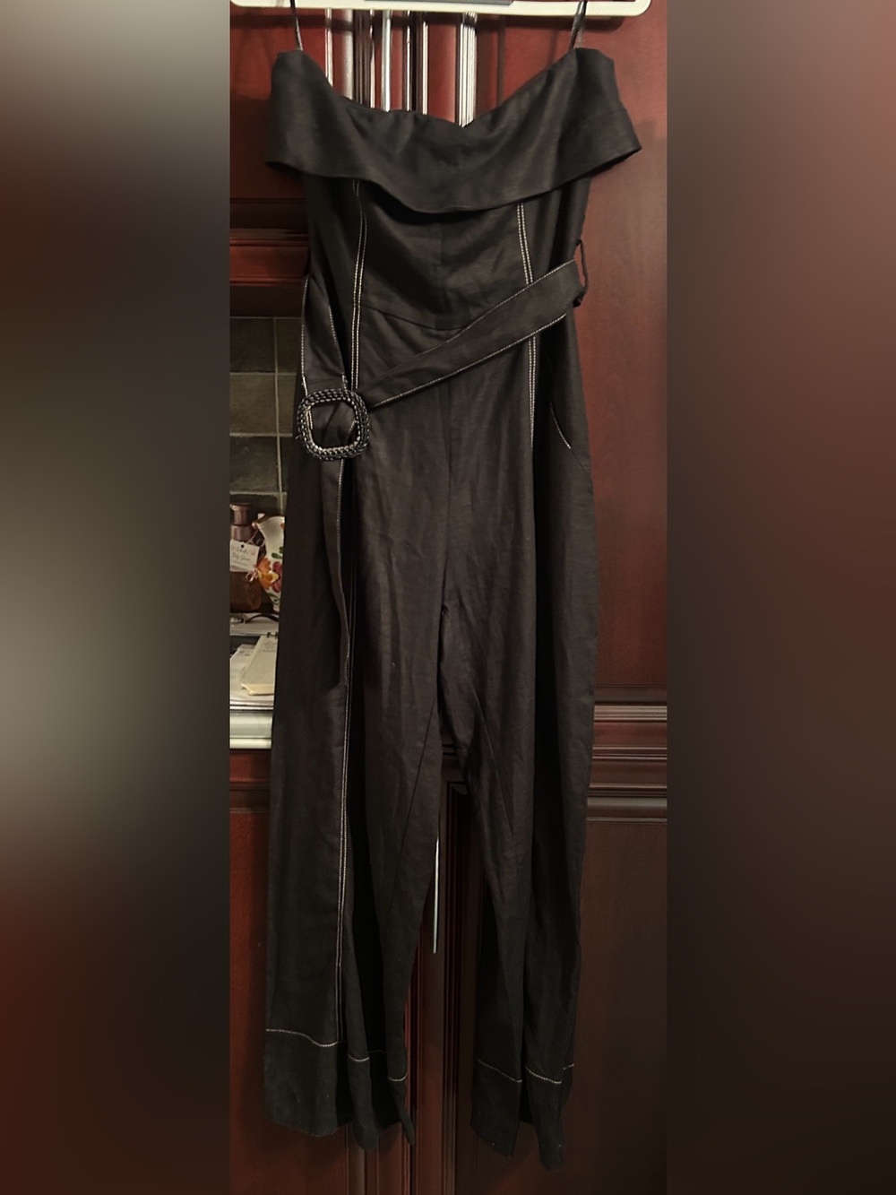 ZARA Black Strapless Linen Blend Belted Jumpsuit size medium - Picture 11 of 16